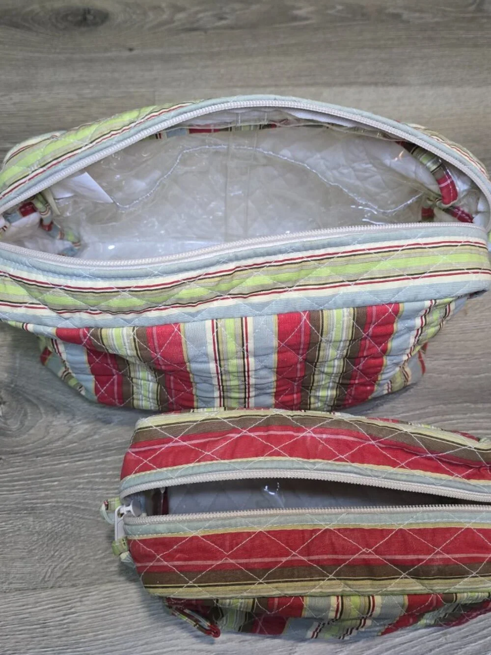 Set Of 2 Pottery Barn Cosmetics Toiletry Makeup Bags Plastic Lined Cotton Shell